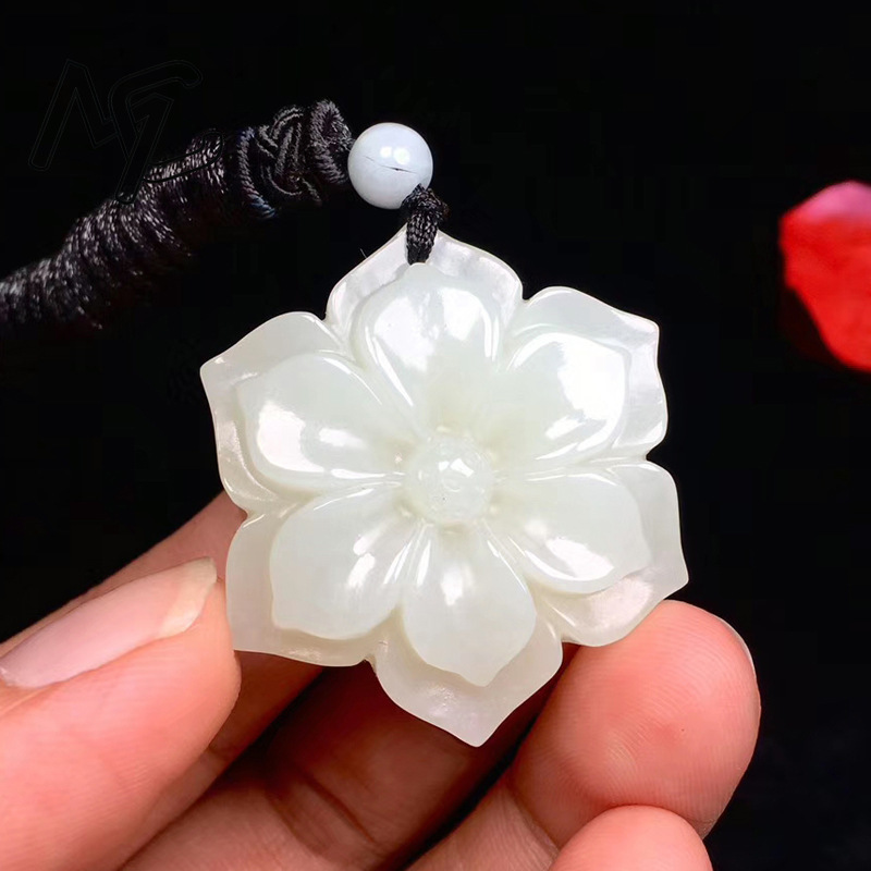 Necklace Pendant - Натуральный китайский белый нефрит пятиугольный цветок